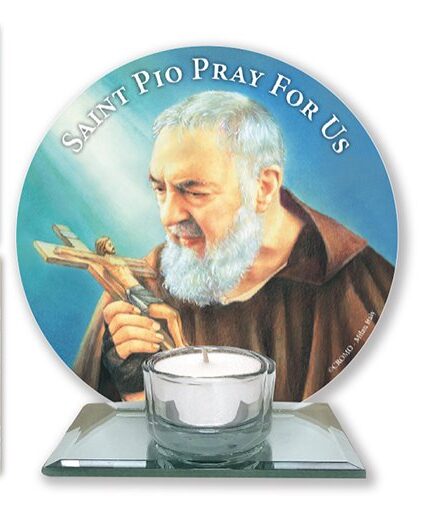 A glass votive light holder, with round image of Saint Pio.