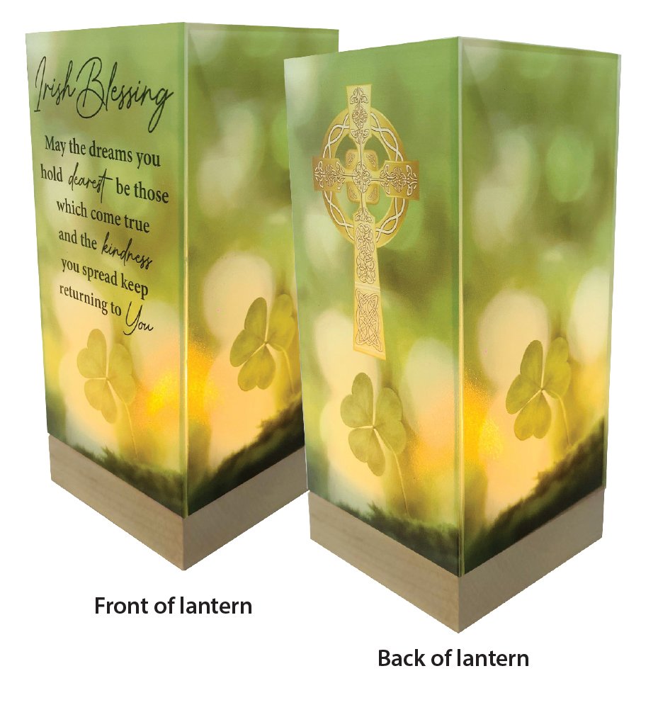 Glass lantern with wood base, irish blessing